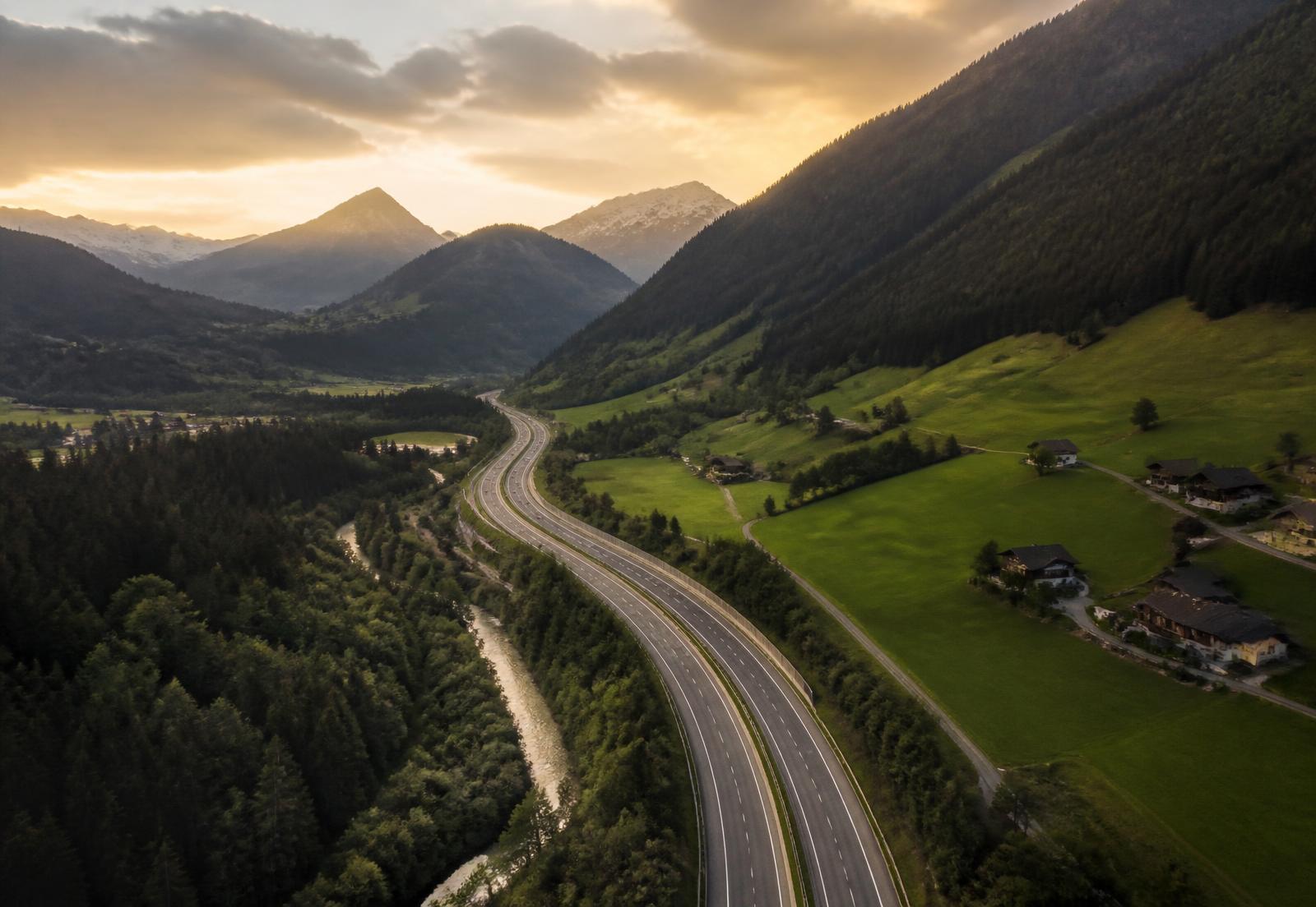 Motorway curving through an alpine valley in Europe